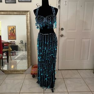 Black and blue belly dance two piece dress